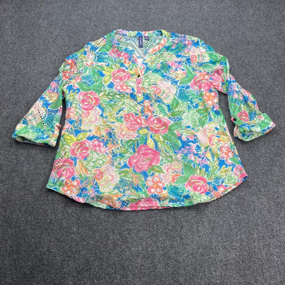 Casey‎ Key Floral Eyelet Mesh Roll Tab Henley Multicolor Blouse Top